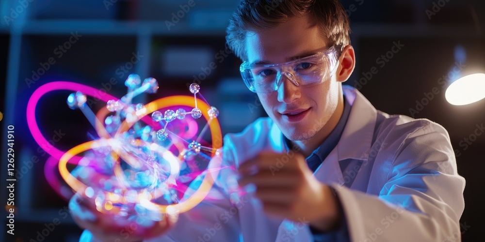 Poster a scientist engaging with quantum entanglement using holographic illustrations and lab equipment, se