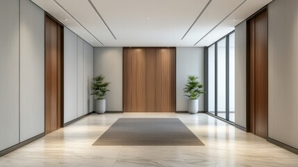 Obraz premium A modern hallway featuring sleek design, wooden accents, and potted plants, creating a spacious and inviting atmosphere.