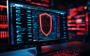 Futuristic computer screen with red shield symbolizing cybersecurity in digital environment.