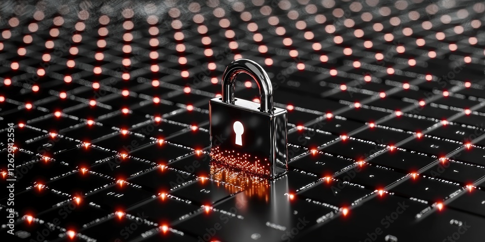 Fototapete Data encryption visualization with a padlock and digital code overlay, emphasizing SSL certificates for secure websites, neutral background, high clarity