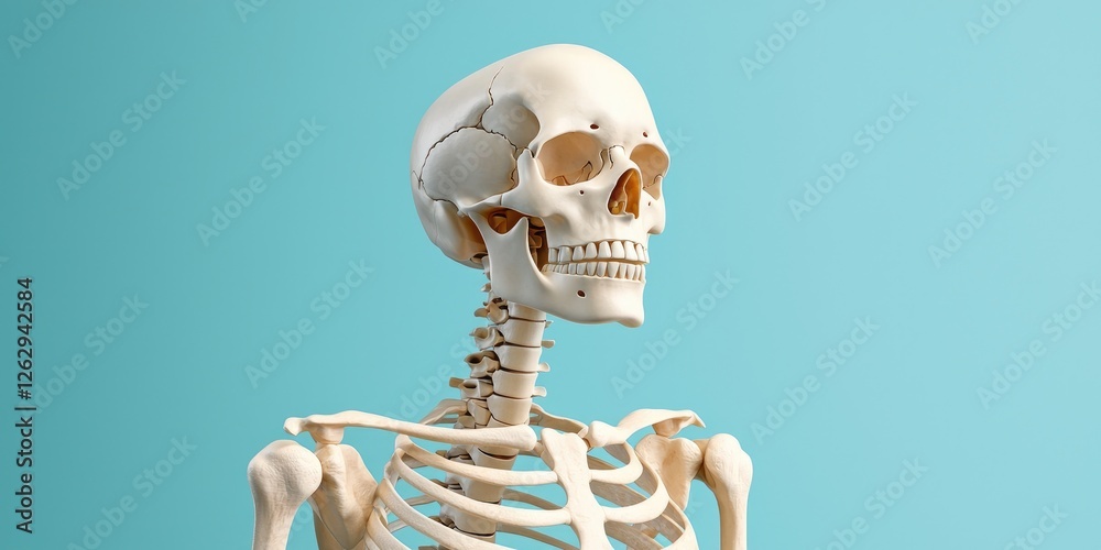 Poster artistic representation of the human skeletal system, 3d visualization with labeled bones, minimalis
