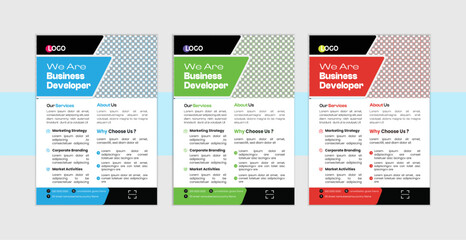  A bundle of 3 templates of different colors a4 flyer template, modern business flyer template,  Business abstract vector template. Brochure design, cover modern layout, annual report, poster.