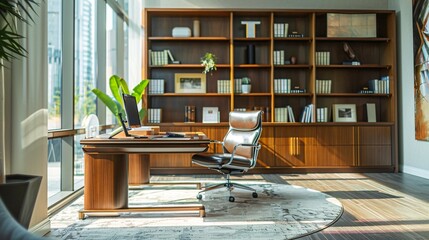 Modern Office Background with Wooden Desk and Floor-to-Ceiling Bookshelves
