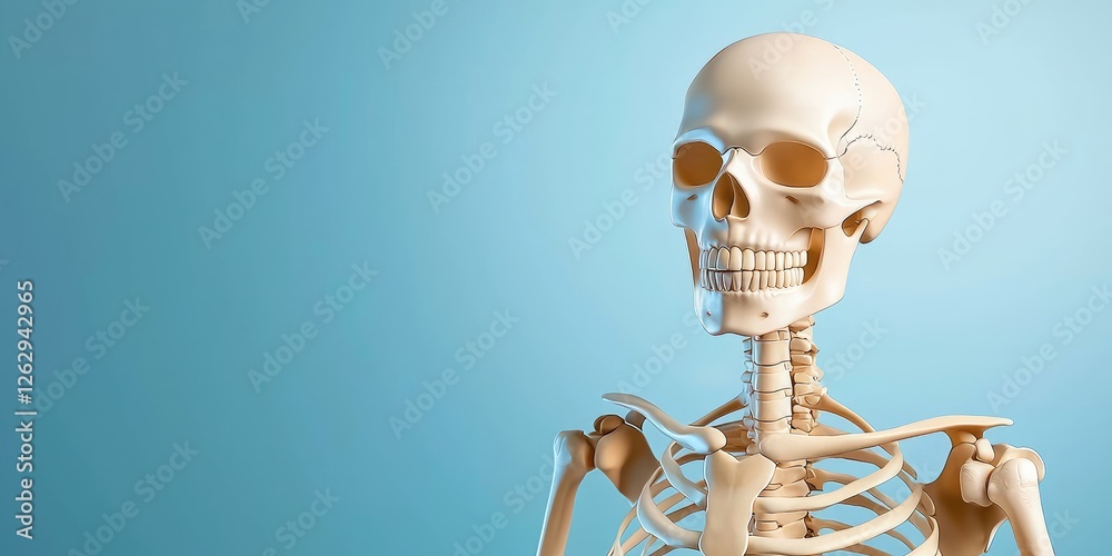 Poster artistic representation of the human skeletal system, 3d visualization with labeled bones, minimalis