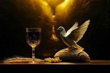 Symbolic representation of the Last Supper, with a cup of wine with grapes, bread with wheat and a white dove on a sacred table.