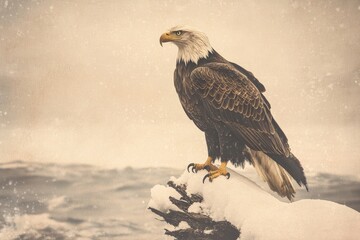 Fototapeta premium Majestic bald eagle perched on a snow-covered branch overlooking a stormy sea.
