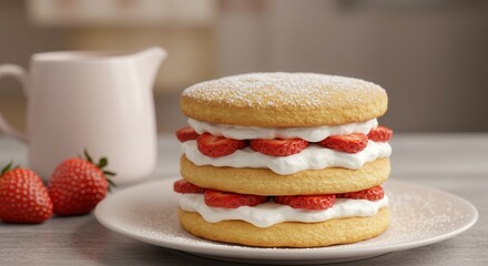 Strawberry Shortcake Stack with Whipped Cream and Powdered Sugar Dessert