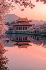 Fototapeta premium Golden sunrise illuminating cherry blossoms with soft pink hues blending into the sky