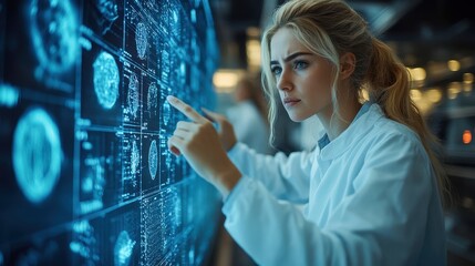 A focused woman in a lab coat interacts with a digital display of complex data and images, embodying modern scientific research and technology.
