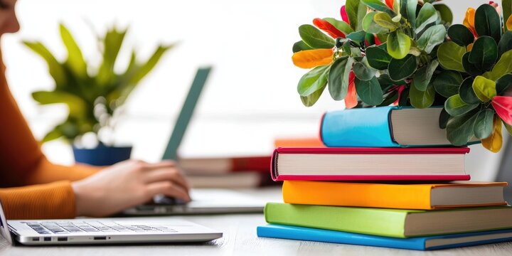 Interactive engagement activities in a virtual library, showcasing readers participating in a book quiz, with colorful books and laptops, neutral background