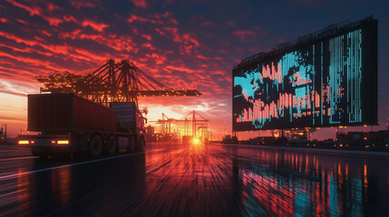 Obraz premium Container truck in ship port for business Logistics and transportation of Container Cargo ship and Cargo plane with working crane bridge in shipyard at sunrise, logistic import export and transport