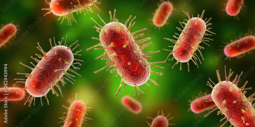 Poster artistic representation of bacteria under a microscope, highlighting intricate details and vibrant c