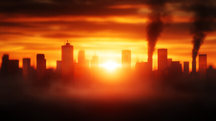 Naklejka premium Sunset casts fiery glow over silhouetted city skyline with smoke plumes rising, highlighting urban pollution.