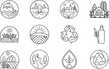 EcoFriendly Cityscape, Nature, and Recycling Line Art Icons