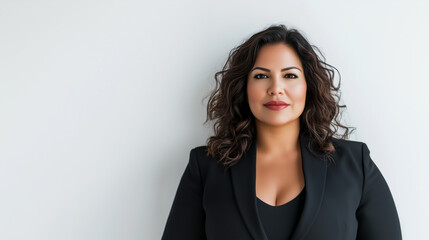 Obraz premium A Latina businesswoman wearing a black suit is posing on a white studio background with copy space