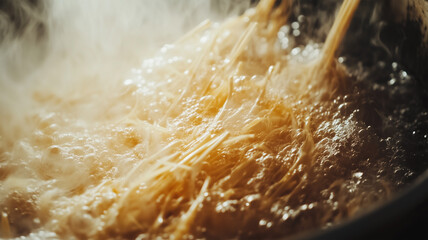 たけのこを湯がく鍋から立ち上る湯気、春の味覚の香り