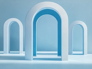 Minimalist Architectural Podium for Product Presentation with Abstract Arches and Soft Lighting