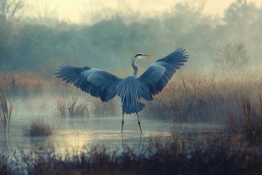 Majestic great blue heron with wings spread wide in a misty morning wetland.