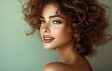 Naklejka premium Portrait of Beautiful Black Woman with Curly Hair in Soft Lighting