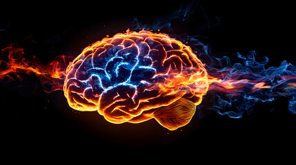 A glowing brain made of fire, with energy waves
