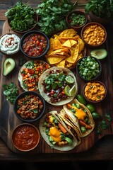 Rustic wooden table with a spread of Mexican cuisine, including tacos, nachos, and churros, styled beautifully
