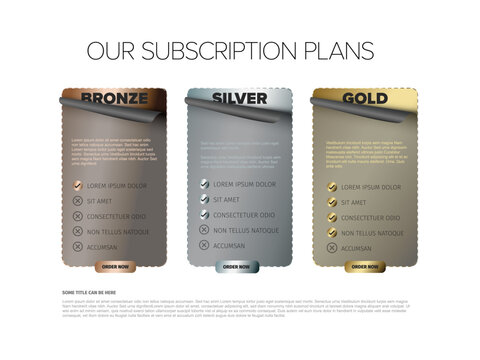 This image showcases three subscription plans: Bronze, Silver, and Gold, each with a distinct design and features list. The plans are arranged side by side to compare options easily.