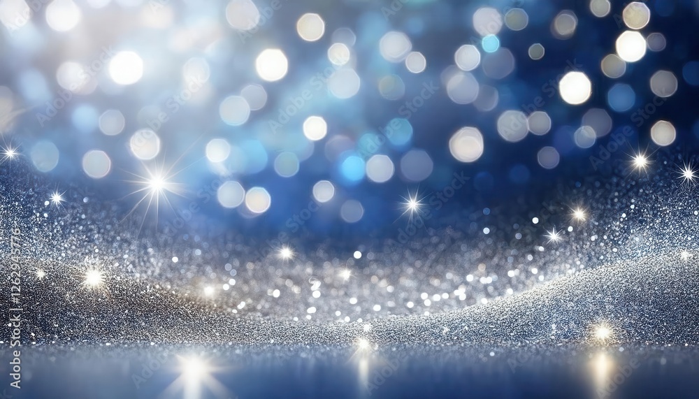 Poster sparkling blue glitter background with bokeh lights and starburst effect for festive design, holiday