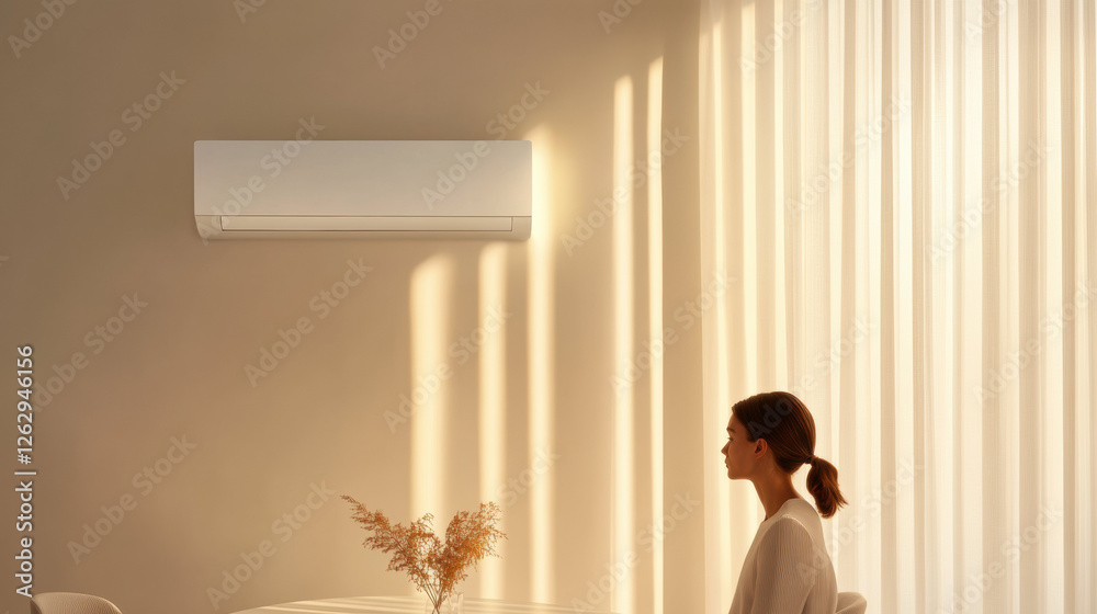 Poster serene woman sits in softly lit room with modern wall mounted air conditioner, creating calm and com