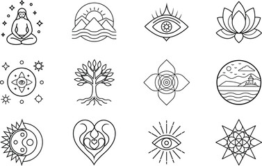 Spiritual Symbols Yoga, Nature, Meditation, and Enlightenment Icons