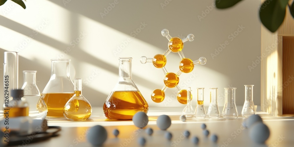 Poster laboratory setting featuring organic compound structures on glassware and scientific instruments aga