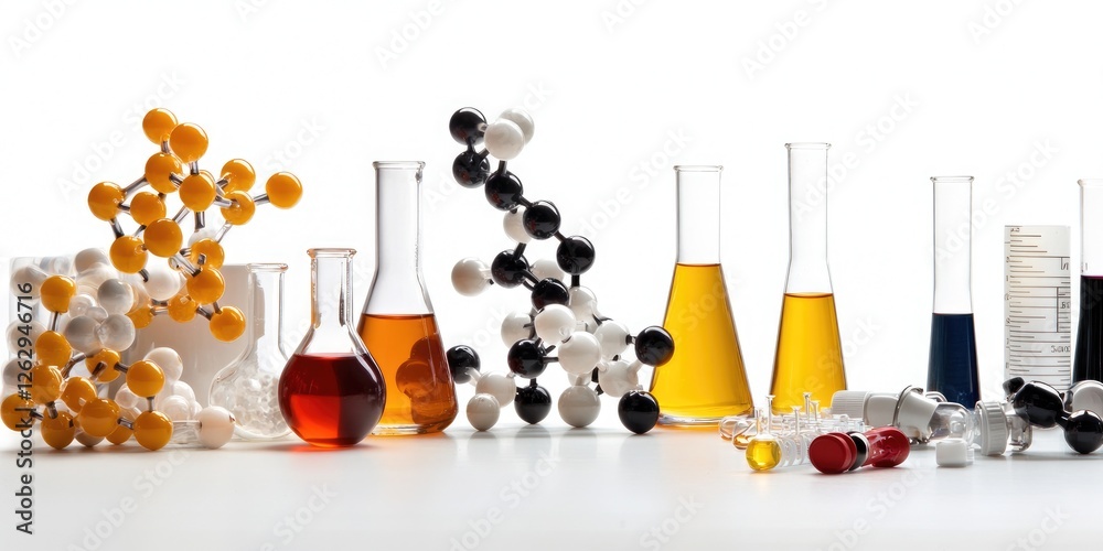 Poster laboratory setting featuring organic compound structures on glassware and scientific instruments aga