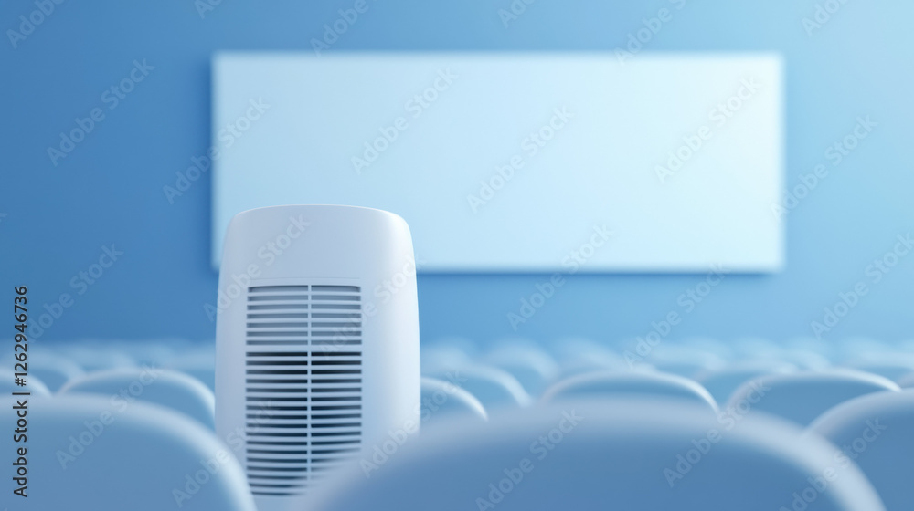Poster high capacity air conditioner in modern conference room with rows of blue chairs and blank white scr