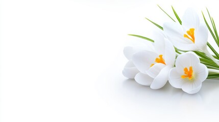 White Crocus Blossoms Background with Copy Space Floral Wedding Background Macro shot of fragile spring wedding sympathy flowers