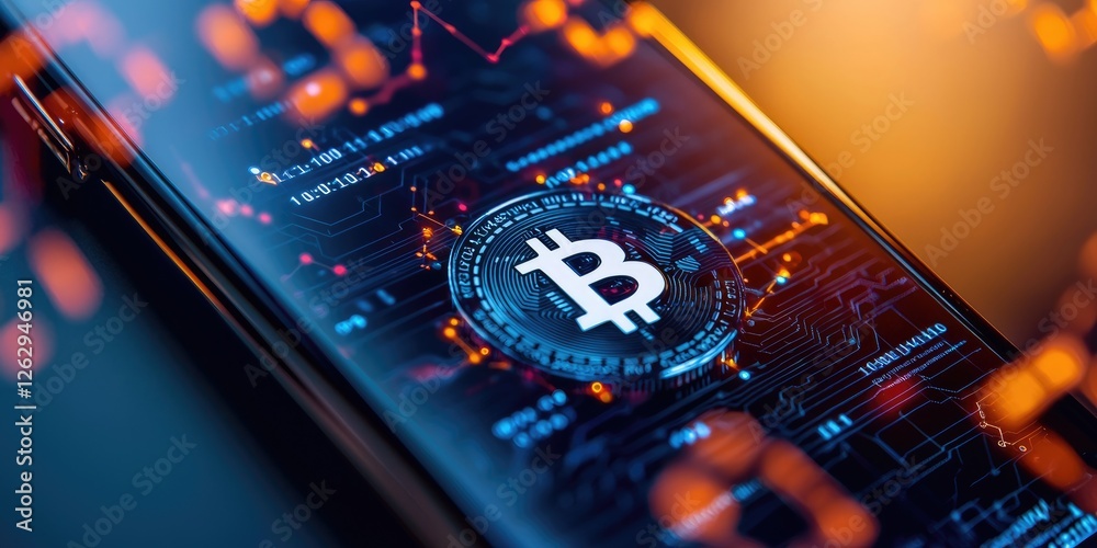 Poster smartphone displaying blockchain technology and encrypted personal data, emphasizing online privacy 