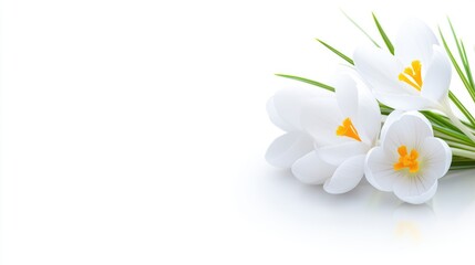 White Crocus Blossoms Background with Copy Space Floral Wedding Background Macro shot of fragile spring wedding sympathy flowers