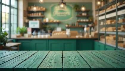 wooden table top with blur background of bakery shop. Generative ai