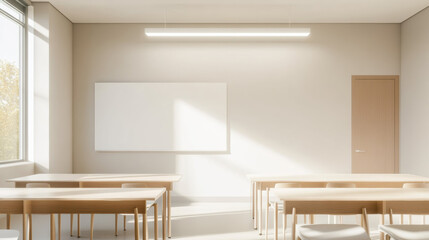bright and minimalistic classroom with wooden desks, chairs, whiteboard, and natural light streaming through large windows