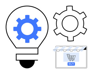 Light bulb with blue gear, separate gear, and online storefront with shopping cart icon. Ideal for innovation, e-commerce, technology, business development, creative thinking, digital transformation