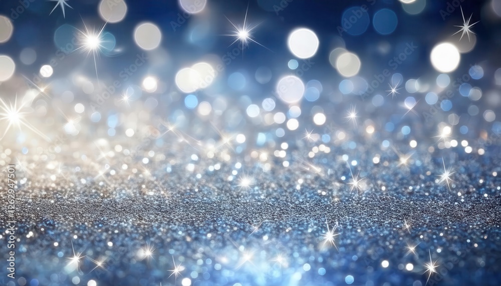 Poster sparkling blue glitter background with bokeh lights and starburst effect for festive design, holiday