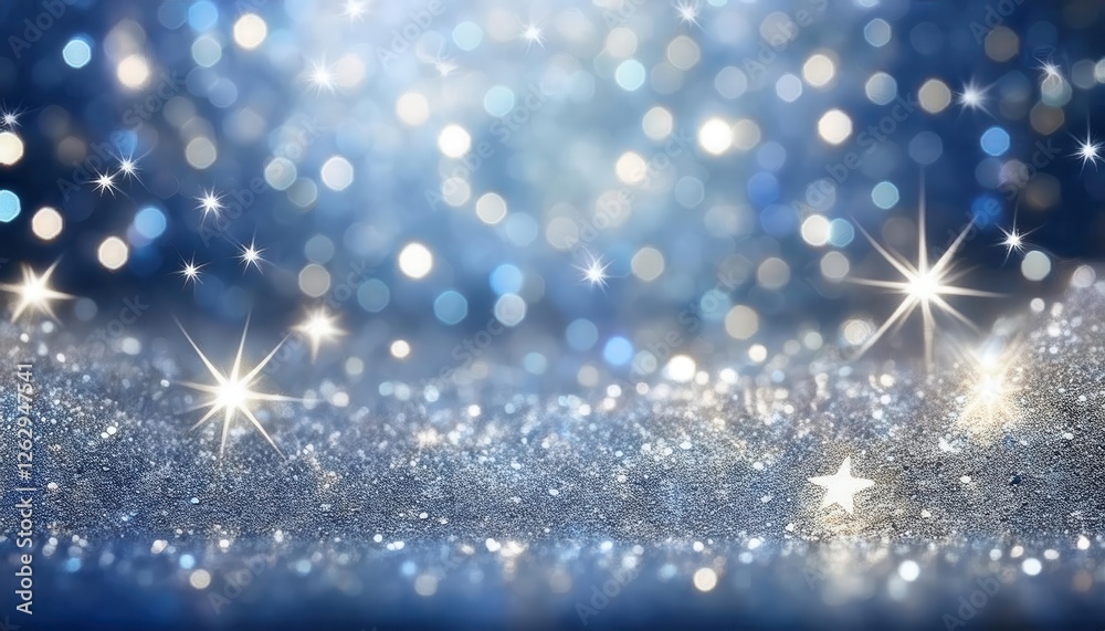 Poster sparkling blue glitter background with bokeh lights and starburst effect for festive design, holiday