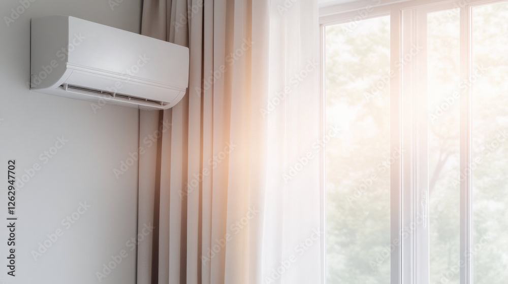 Aufkleber wall mounted air conditioner installed near window with sunlight streaming through curtains, creatin