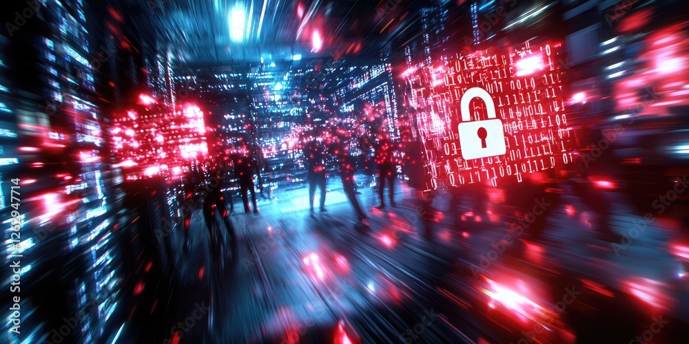 Poster data encryption visualized with a digital padlock, phishing scam alerts highlighted on a computer sc