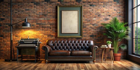 Vintage vibes: brick wall, leather sofa, 3D books and typewriter in a dark room.