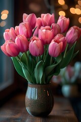 Obraz premium Elegant bouquet of pink roses and tulips arranged beautifully on a wooden table with soft lighting