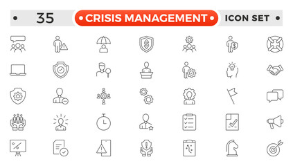 Crisis Management web icons in line style. Logistics, business process, maintenance, supply chain, improvement, planning,Audit, processing, operation collection.