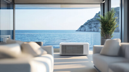 modern air conditioner in luxurious seaside living room with large glass windows, offering serene view of ocean and relaxing atmosphere