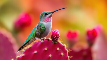 Fototapeta premium Vibrant Hummingbird Perched on a Cactus Blossom