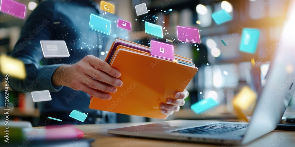 Fototapete secure data transfer portrayal featuring encrypted files and access control symbols in a modern offi