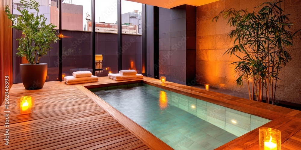 Poster line connection luxurious spa relaxation vibes serene water features soft lighting ambient atmospher