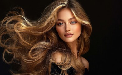 Naklejka premium Elegant woman with long flowing wavy hair in high-fashion portrait with dramatic chiaroscuro lighting and dark background
